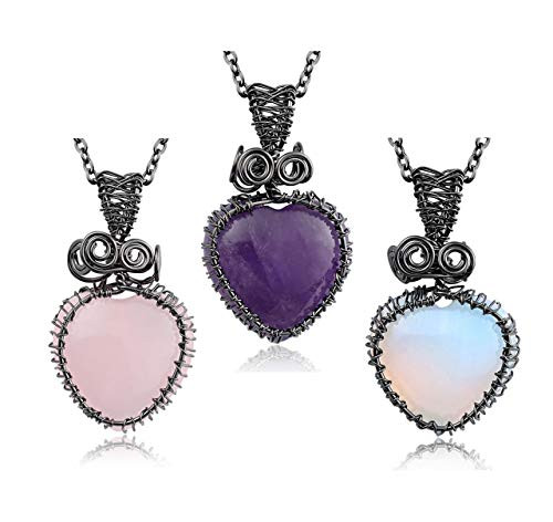 PESOENTH 3pc Amethyst Rose Quartz Opalite Crystal Heart Pendants Necklaces Women Jewelry Set,Vintage Wire Wrapped Small Cute Heart Gemstone Healing Reiki Stone Necklace