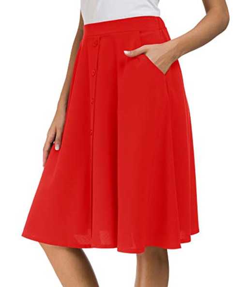 Afibi Women's High Waisted A Line Pleated Midi Skirt Button Front Skirts with Pocket (Small, Red)