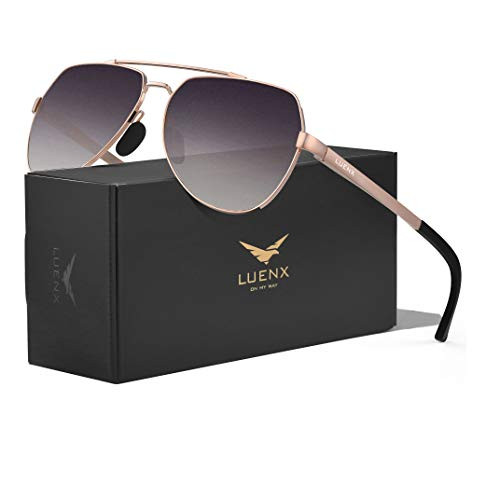 LUENX Women Aviator Sunglasses Polarized Shades Flexible Spring Hinge - Gradient Purple Lens Rose Gold Metal Frame 60mm
