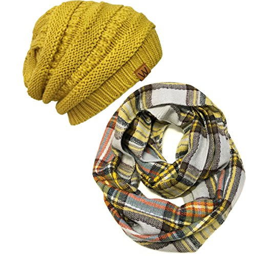 Bowbear Tartan Winter Infinity Scarf with Beanie, Yellow/Black plus Mustard