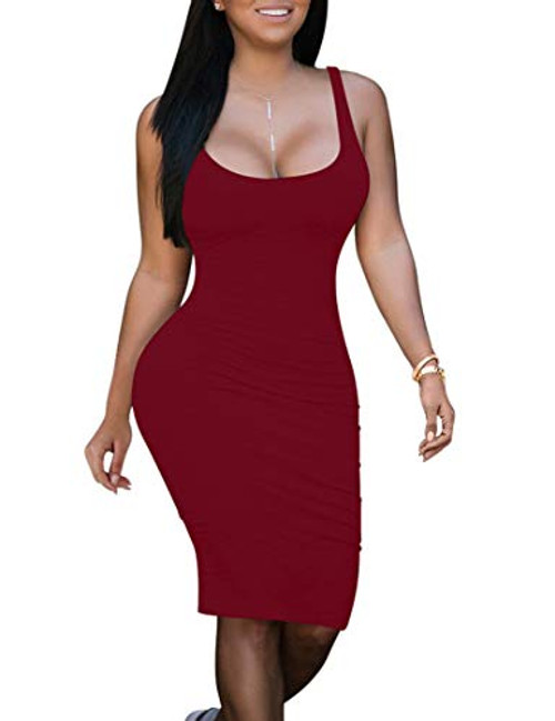 BORIFLORS Women's Sexy Bodycon Club Tank Dress Basic Midi Party Dresses Clubwear,Large,Wine Red