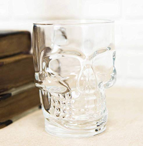Ebros Gift Day of The Dead Grinning Skull Cranium Shaped Drinking Glass Mug With Bone Handle Coffee Beverage Cup 13 oz Ossuary Macabre Skulls Mugs