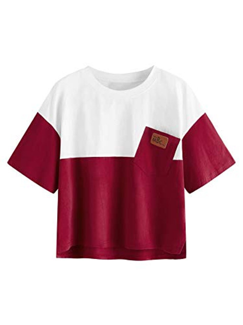 SweatyRocks Women's Color Block Half Sleeve High Low Casual Loose T-Shirt Tops White Burgundy Medium