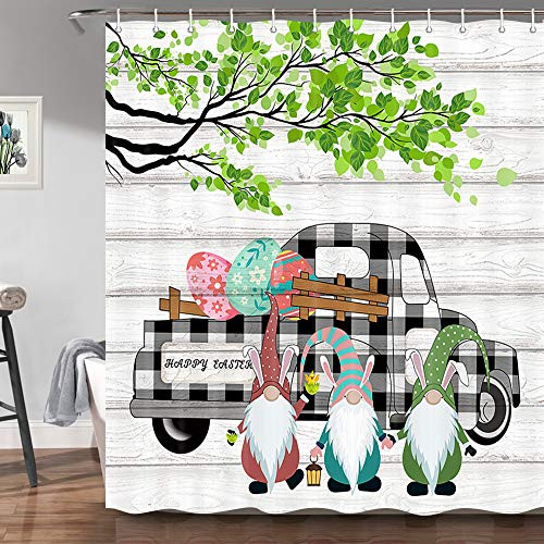 Farmhouse Easter Shower Curtain, Cute Gnome Eggs Buffalo Check Plaid Truck Car Green Leaf on Rustic Wooden, Holiday Bathroom Shower Curtains, 69x70 Inches Farmhouse Easter Shower Curtain, Cute Gnome Eggs Buffalo Check Plaid Truck Car Green Leaf on Rustic Wooden, Holiday Bathroom Shower Curtains, 69x70 Inches