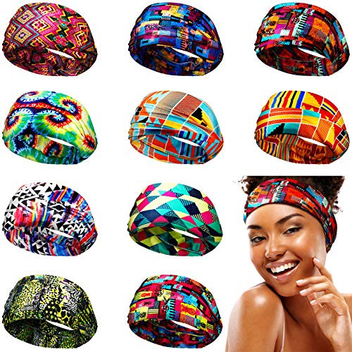 10 Pieces Women African Turban Wide Elastic Headband Stretchy Headwrap Boho Print Headband Yoga Sports Headband with Strip and Floral Prints (Chic African Series)