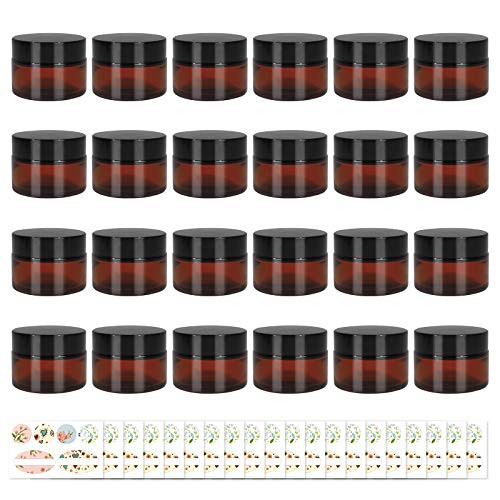 24 Pack 30g/1oz Amber Round Glass Jars - Empty Cosmetic Containers with Inner Liners, black Lids and Glass Sample Jars with labels For Slime, Beauty Products, Cosmetic, Lotion?Powders and Ointments