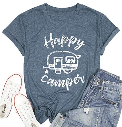 Happy Camper Shirts for Women Camping T-Shirt Letter Print Cute Graphic Short Sleeve Casual Tee Tops (XL, Blue)