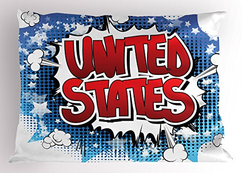 Lunarable American Pillow Sham, Retro United States Writing Poster Cartoon Comic Book Pop Art Style Image, Decorative Standard Size Printed Pillowcase, 26 X 20 Inches, Blue Red White