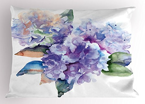 Ambesonne Watercolor Pillow Sham, Delicate Hydrangea Flowers Blooming Botanical Arrangement Wedding Inspired, Decorative Standard Size Printed Pillowcase, 26 inch X 20 inch, Violet Blue