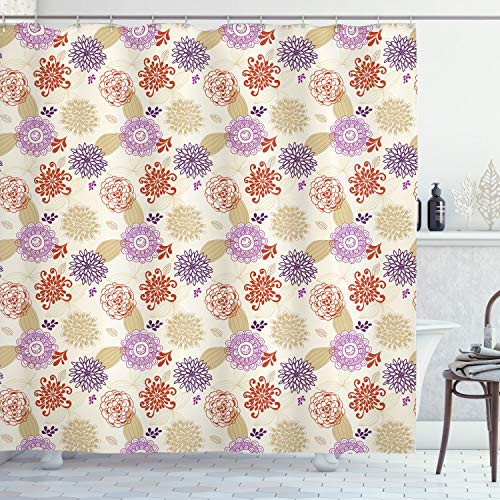 Ambesonne Beige Shower Curtain, Colored Ornate Flowers and Leaves Blossoms Bohemian Floral Swirls Art, Cloth Fabric Bathroom Decor Set with Hooks, 70 inch Long, Purple Beige