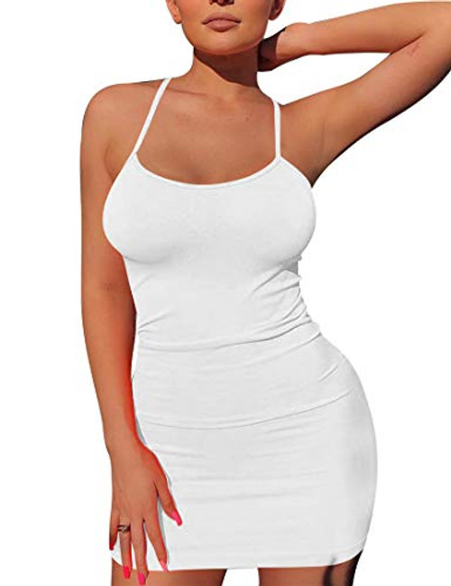 Mizoci Women's Basic Spaghetti Strap Tank Dress Sexy Sleeveless Bodycon Mini Club Dress,Large,White