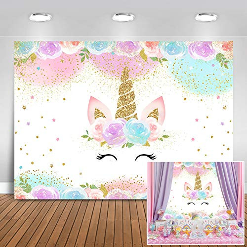 Mocsicka Unicorn Birthday Backdrop for Girl Floral Smile Unicorn Rainbow Background Glitter Gold Stars Princess Birthday Baby Shower Party Decor Banner (7x5ft (82x60 inch))