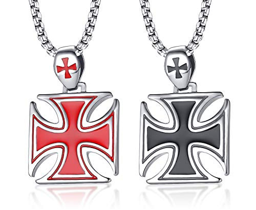 MPRAINBOW Men's Hollow Vintage Templar Knight Cross Pendant Necklace Biker Gothic Jewelry,Free Chain (B-Blackplusred)