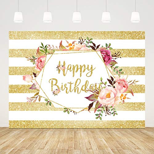 7x5ft Happy Birthday Backdrop Yellow and White Flower Photography Background for Adults 16th 30th 40th 50th 60th Birthday Party Decorations Girls Birthday Party Decorations Banner Photo Booth Props