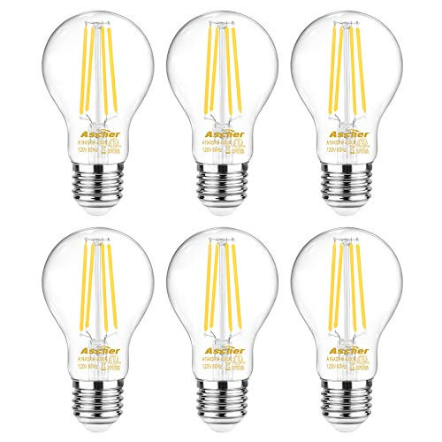 Ascher Dimmable E26 LED Filament Light Bulbs, 60 Watt Equivalent, Dimmable E26 LED Filament Light Bulbs, Daylight White 4000K, Classic Clear Glass, A19 LED Light Bulb, 6 Pack
