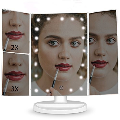 Makeup Vanity Mirror with 3x/2x Magnification,Trifold Mirror with 21 Led Lights,Touch Screen, 180° Adjustable Rotation, Dual Power Supply, Countertop Cosmetic Mirror - White Makeup Vanity Mirror with 3x/2x Magnification,Trifold Mirror with 21 Led Lights,Touch Screen, 180° Adjustable Rotation, Dual Power Supply, Countertop Cosmetic Mirror - White