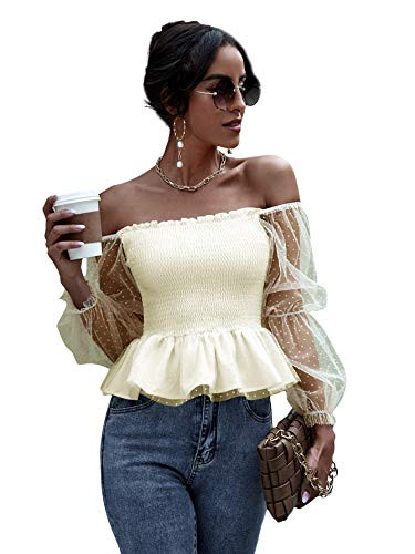 Floerns Women's Off The Shoulder Smocked Mesh Sleeve Ruffle Peplum Blouse Tops Beige M