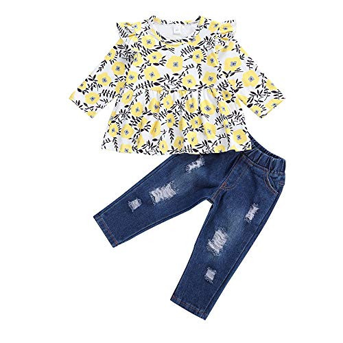 Toddler Baby Girls Fall Winter Clothes Ruffle Floral Long Sleeve Shirt Top Ripped Jean Denim Pants Outfit Set (Yellow, 12-18M) Toddler Baby Girls Fall Winter Clothes Ruffle Floral Long Sleeve Shirt Top Ripped Jean Denim Pants Outfit Set (Yellow, 12-18M)