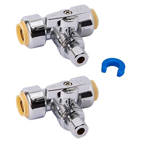 SUNGATOR Service Tee Stop Valve, 1/2 Inch Ptc x 1/2 Inch Ptc x 1/4 Inch Compression, 1/4 Turn Push Fit Water Valve Shut Off with Disconnect Clip, Push-to-Connect, PEX, Copper, CPVC, Lead Free (2-Pack)