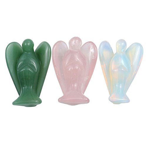 Sunligoo 3 Pcs Carved Natural Gemstone Peace Angel Pocket Guardian Angel Reiki Healing Crystal Statue 1.5 Inches - Rose Quartz plus Green Aventurine plus Synthetic Opalite