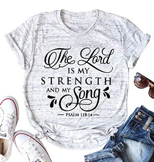 UNIQUEONE The Lord is My Strength and My Song T-Shirt Women Short Sleeve Letter Print Funny Casual Tee Blouse White