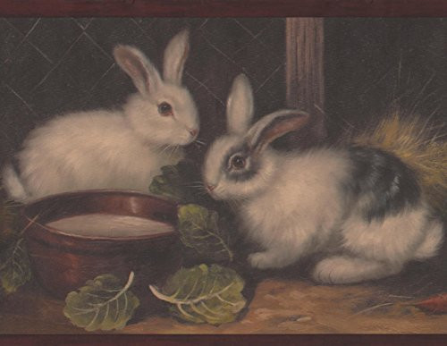 Beige Bunnies in the Barn Dark Brown Wallpaper Border Retro Design, Roll 15' x 6.75''