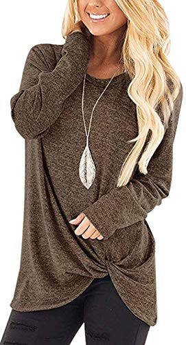 Womens Tops Casual Long Sleeve Twist Knot Solid Tunic T Shirts Fall Clothes A1-Coffee S