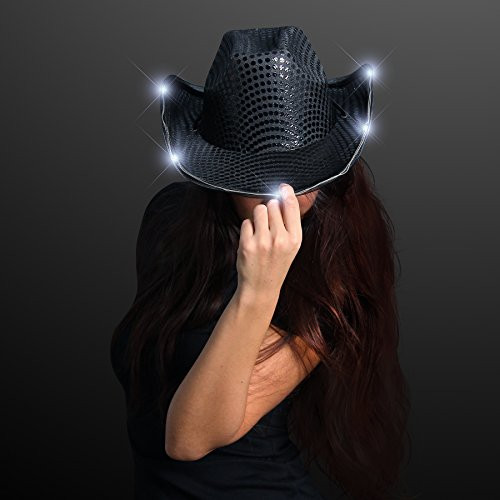 FlashingBlinkyLights Black Sequin Light Up LED Cowboy Hat