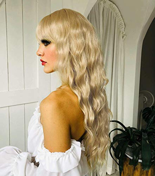 aSulis Long Blonde Curly Wavy Hair Wigs with Bangs for Women Heat Friendly Synthetic Wigs (Blonde) aSulis Long Blonde Curly Wavy Hair Wigs with Bangs for Women Heat Friendly Synthetic Wigs (Blonde)