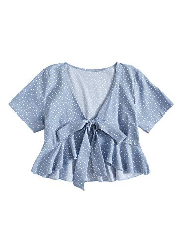 SOLY HUX Women's Polka Dots V Neck Tie Front Ruffle Hem Short Sleeve Crop Top Blouse Blue S