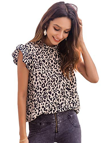 SOLY HUX Women's Frill Mock Neck Ruffle Cap Sleeve Printed Casual Blouse Tops Multicoloured S