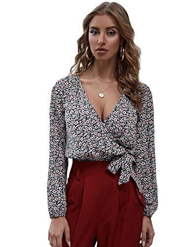 SheIn Women's V Neck Long Sleeve Self Tie Wrap Floral Crop Tops Blouse Ditsy Floral Black S