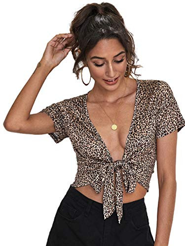 SheIn Women's Leopard Print Blouse Short Sleeve V Neck Tie Front Crop Shirt Top Multicoloured Large
