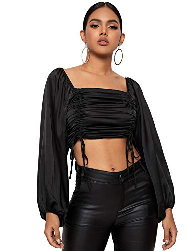 Romwe Women's Sexy Shirred Square Neck Lantern Long Sleeve Crop Blouse Top Black L