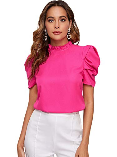 Romwe Women's Casual Puff Short Sleeve Frill Trim Mock Neck Solid Blouse Tops Pink Large