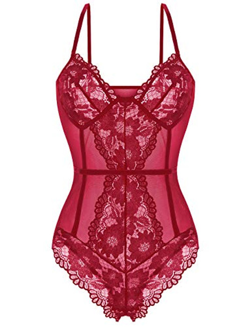 Women Lingerie Snap Crotch One Piece Lace Teddy Bodysuit Babydoll Chemise Sleepwear Wine Red S