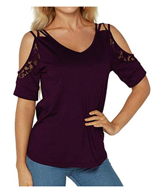 ZIWOCH Women's Cold Shoulder V Neck Blouse Lace Casual Short Sleeve Shirt Tees Tops Purple