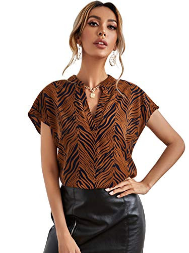 MakeMeChic Women's Allover Print Notch Neck High Low Batwing Sleeve Blouse Tops Brown M