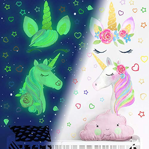 Glow in The Dark Stars, 4 Sheets Unicorn Wall Sticker for Girls Bedroom, Unicorn Room Decor for Girls Bedroom,Unicorn Wall Stickers for Kids