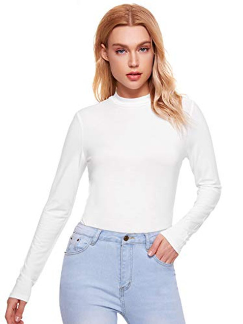 Verdusa Women's Basic Mock Neck Slim Fitted Long Sleeve Pullovers Tee Tops White XS