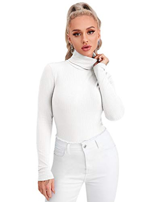 Verdusa Women's Long Sleeve Turtleneck Tee Top Slim Fitted Basic T Shirt White Ribbed XS