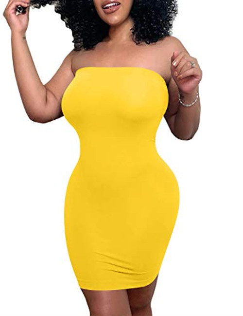 Mokoru Women's Casual Basic Bodycon Tube Top Sexy Strapless Club Party Mini Dress, X-Small, Yellow