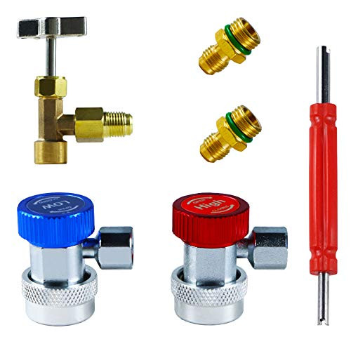 Youxmoto 3-in-1 AC R134A Freon Charging Tool Kit with Adjustable Valve 2pcs AC R134A Adapters Quick Couplers 1 Can Tap Valve with Tank Adapter and 1 Classic Valve Core Remover