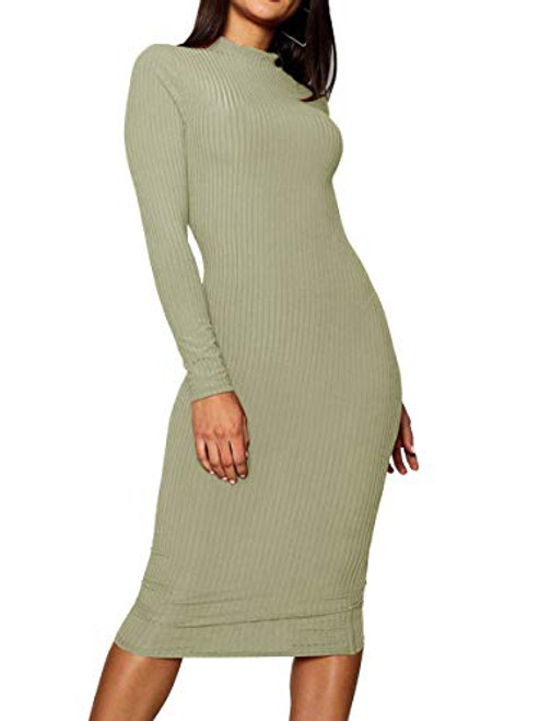 MISFONDLE Women's Sexy Ribbed Turtleneck Long Sleeve Bodycon Knit Midi Pencil Club Dress Beige MISFONDLE Women's Sexy Ribbed Turtleneck Long Sleeve Bodycon Knit Midi Pencil Club Dress Beige