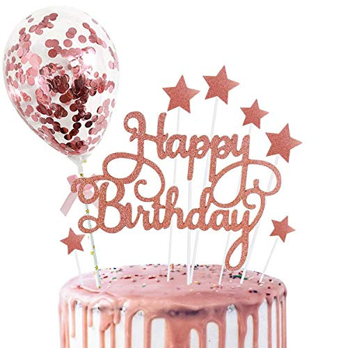 Larchio Rose Gold Cake Topper, Happy Birthday Cake Toppers and 6pcs Star Cake Topper Confetti Balloon Cake Topper for Birthday Cake Decorations
