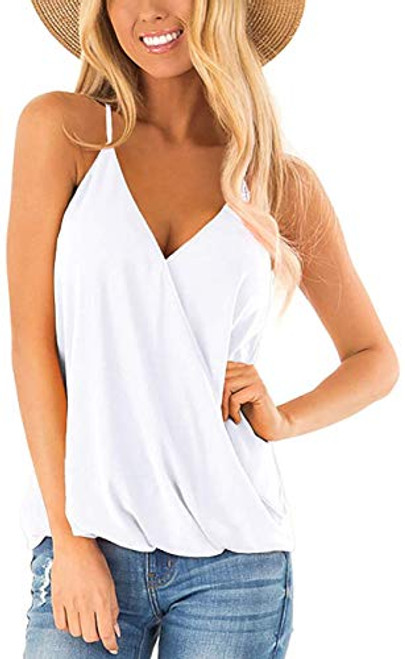 Womens Sexy Deep V Neck Spaghetti Strap Tank Tops Summer Sleeveless Shirts Blouses and Tops Dressy(White,L)
