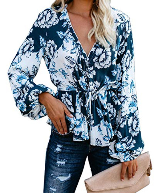 Women's Floral Print V Neck Shirts Long Sleeve Boho Tops Casual Loose Chiffon Blouses