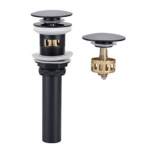 Qomolangma Bathroom Sink Drain with Overflow, Matte Black Pop Up Drain Stopper Vanity Vessel Sink with Strainer Basket Hair Catcher Anti Clogging Drain Strainer