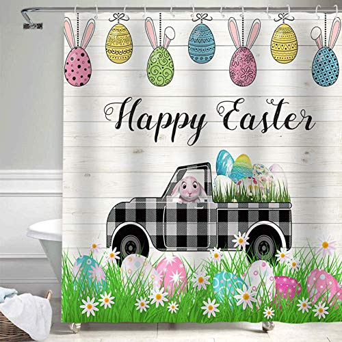 Easter Funny Rabbit on Plaid Truck with Eggs Fabric Shower Curtain, Spring Holiday Bathroom Curtain Set with Hooks Included 72 by 72 inches