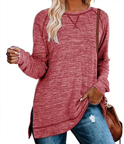 LERUCCI Womens Casual Tunic Sweatshirt Long Sleeve Loose Fall Pullover Side Split Tops Red Large